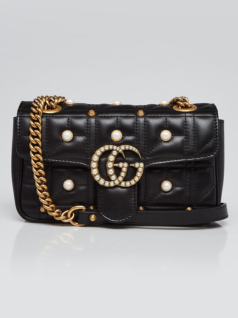 Gucci Black Quilted Leather And Imitation Pearl Marmont Bag Gold