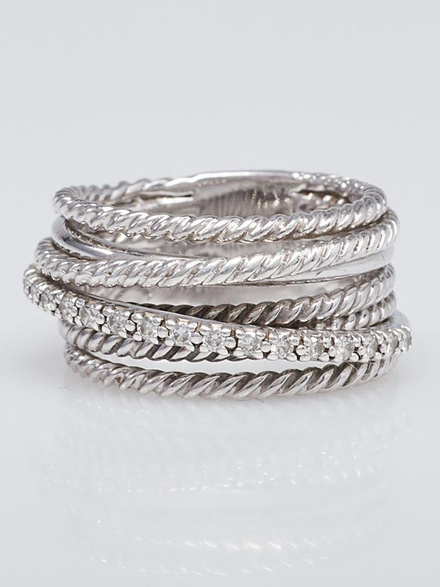 David Yurman Sterling Silver and Pave Diamonds Crossover Rings Size 5
