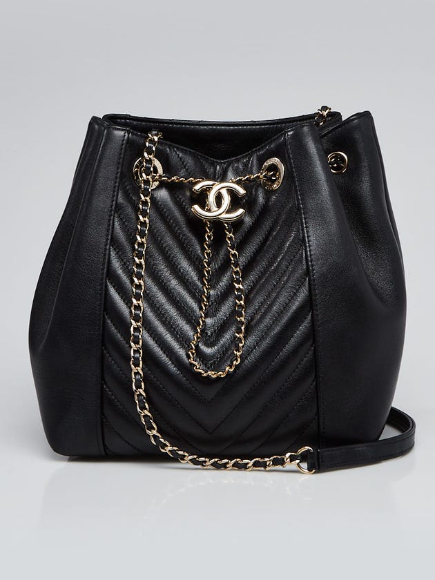 Chanel Black Chevron Quilted Calfskin Leather Drawstring Bucket Bag