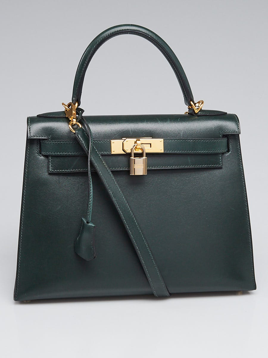 Hermes 28cm Vert Box Leather Gold Plated Kelly Sellier Bag w/Canvas Strap -  Yoogi's Closet