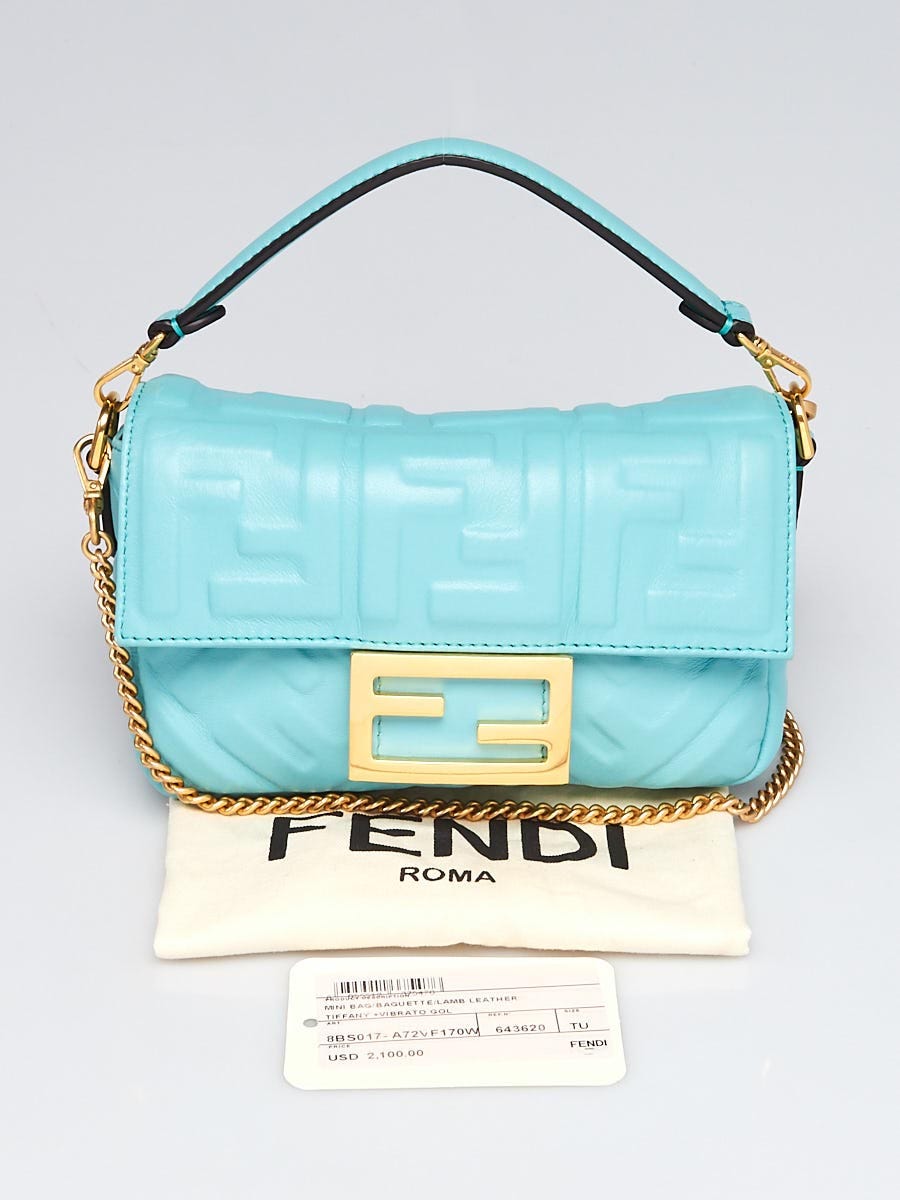 Fendi Tiffany Blue Logo Embossed Lambskin Leather Mini Baguette 
