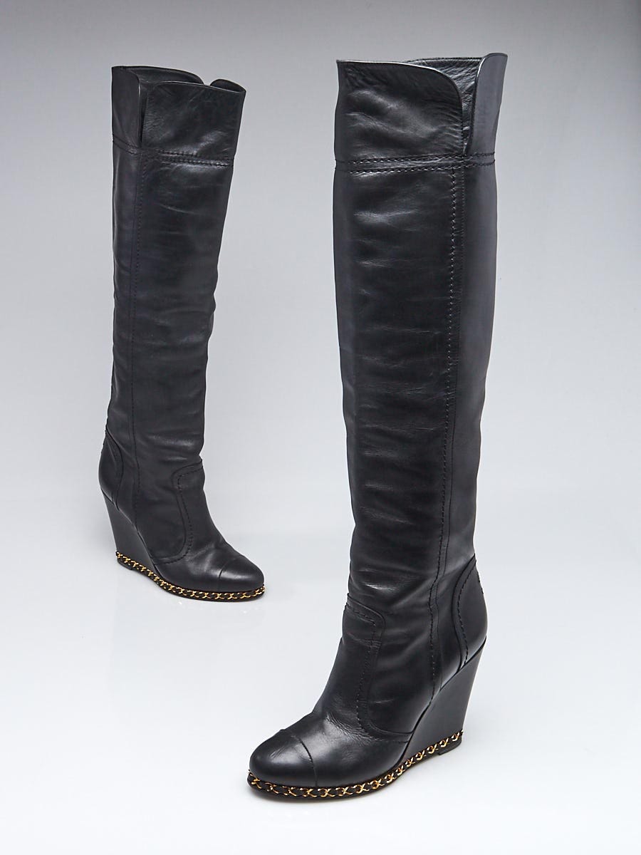 Chanel Black Leather Knee High Wedge Boots Size 6.5/37 - Yoogi's