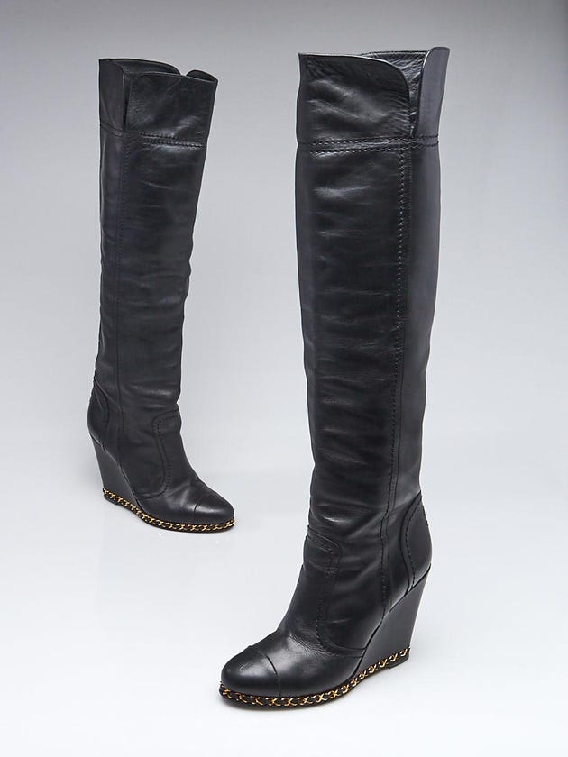 Chanel Black Leather Knee High Wedge Boots Size 6.5/37
