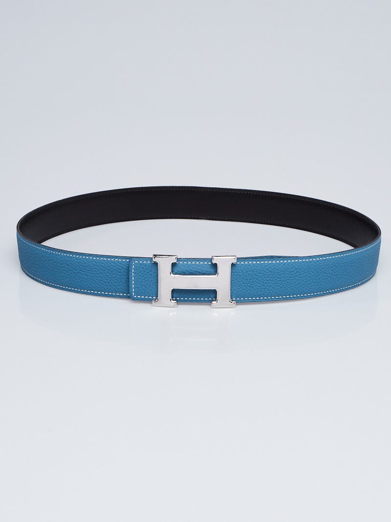 Hermes 32mm Blue Jean Togo/Black Box Leather Palladium Plated Constance Belt Size 85