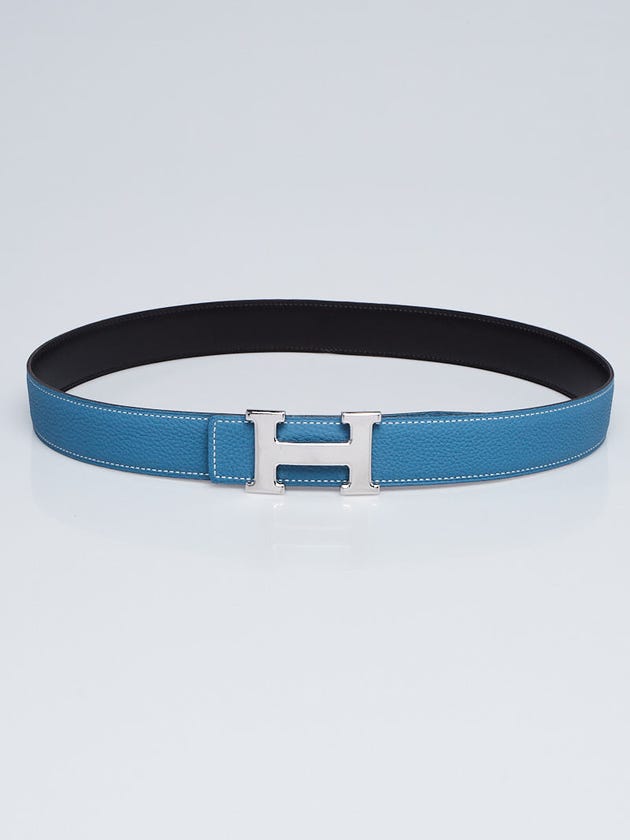 Hermes 32mm Blue Jean Togo/Black Box Leather Palladium Plated Constance Belt Size 85