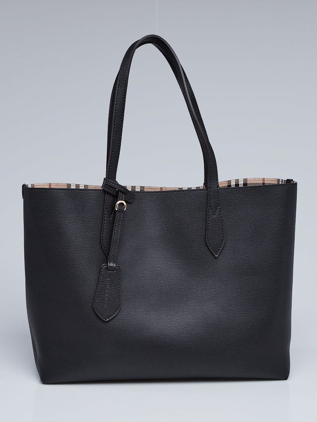 Burberry Black Leather and Haymarket Check Coated Canvas Reversible Tote Bag