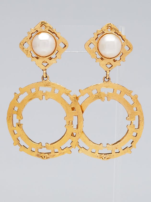 Chanel Goldtone Metal and Faux Pearl Circle Drop Clip-On Earrings 