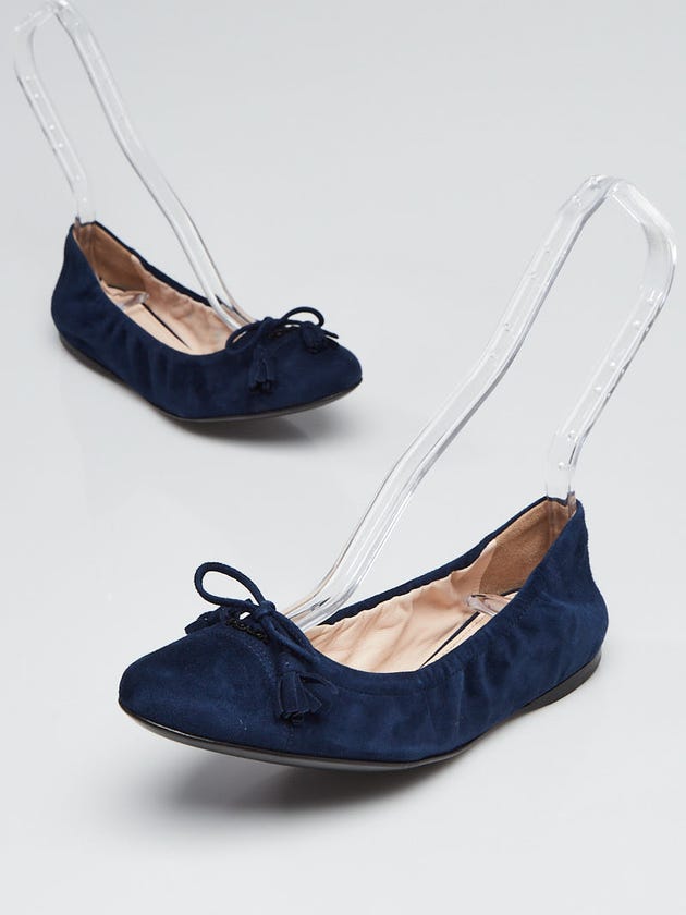 Prada Navy Blue Suede Elastic Tassel Ballet Flats Size 7/37.5