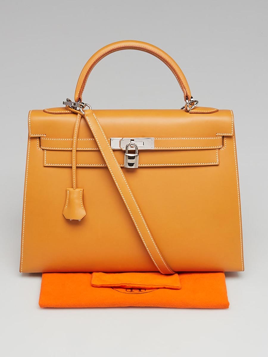Hermes 32cm Natural Box Leather Palladium Plated Kelly Sellier Bag
