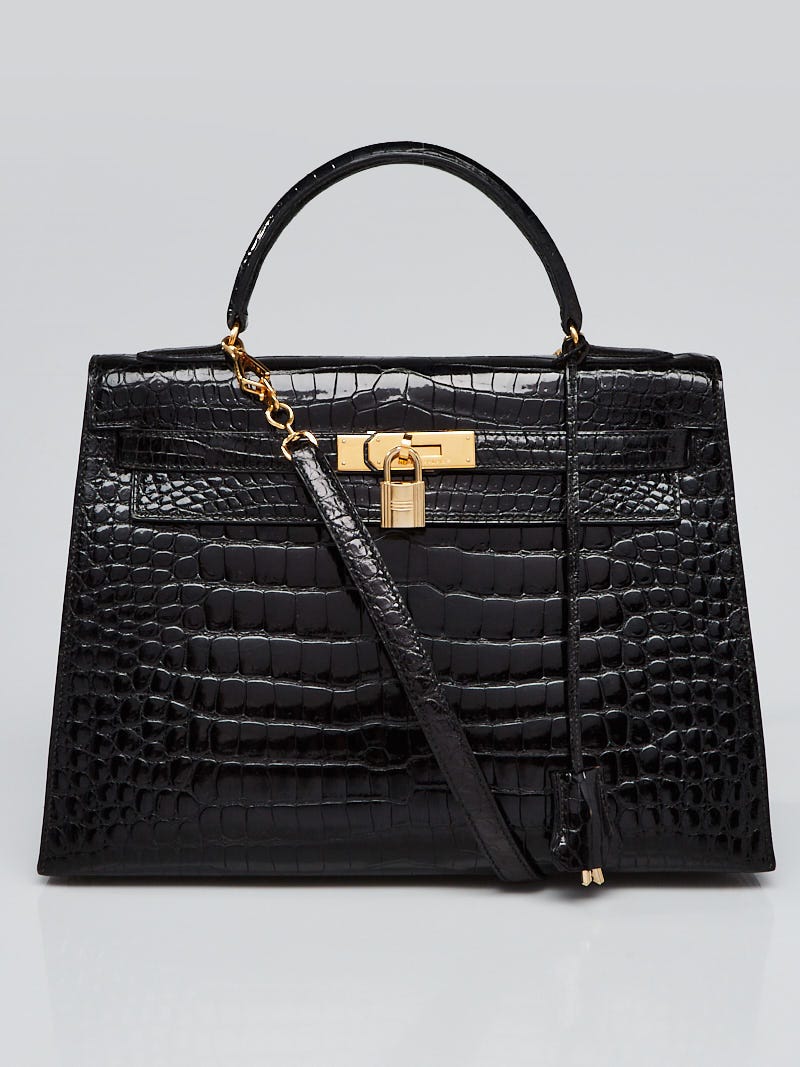 Hermes 32cm Black Lisse Crocodile Porosus Gold Plated Kelly