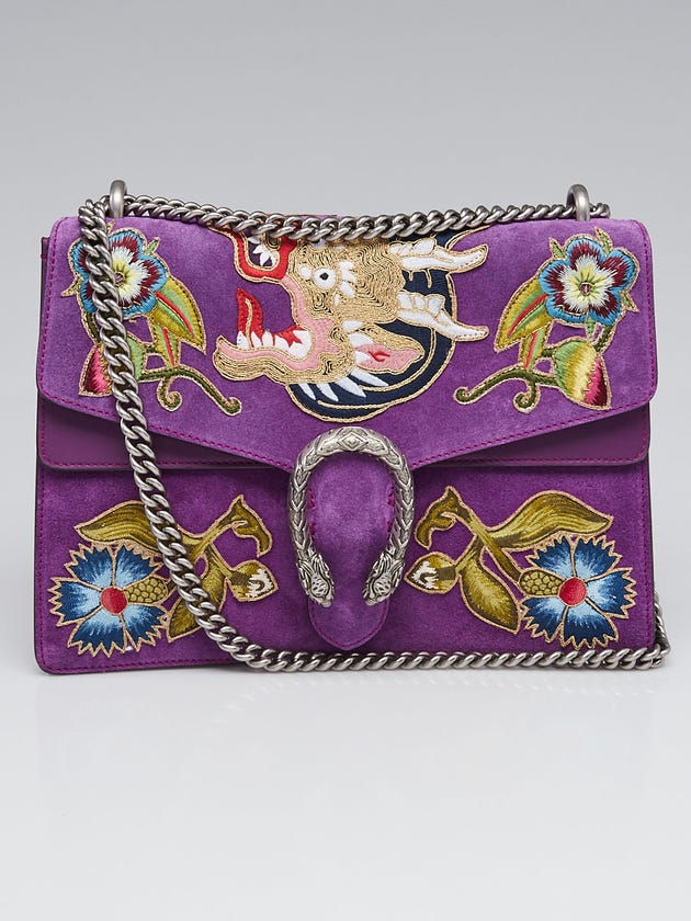 Gucci Purple Suede Dragon Embroidered Medium Dionysus Shoulder Bag