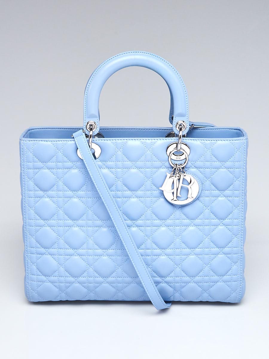 Christian Dior Light Blue Quilted Cannage Lambskin Leather Large