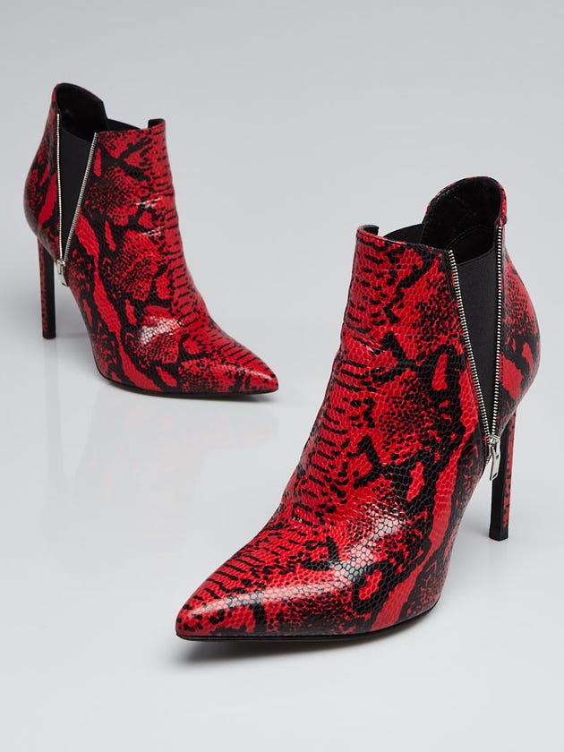 Yves Saint Laurent Red/Black Python Embossed Leather Faux Zip Ankle Booties Size 6/36.5