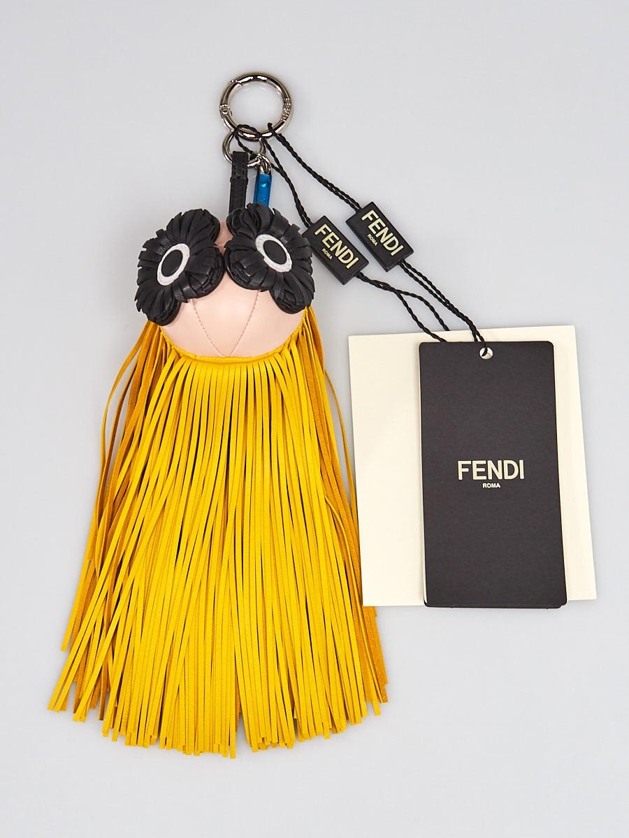 Fendi Bag Bug Yellow Eyes Black Fur Leather Key Chain / Bag Charm