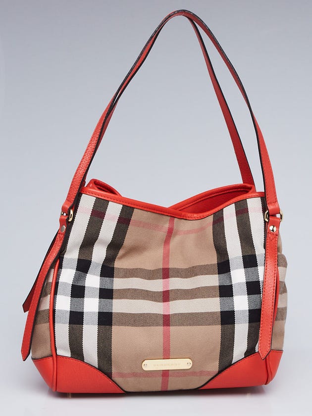 Burberry Orange Leather Bridle House Check Canvas Canterbury Tote Bag