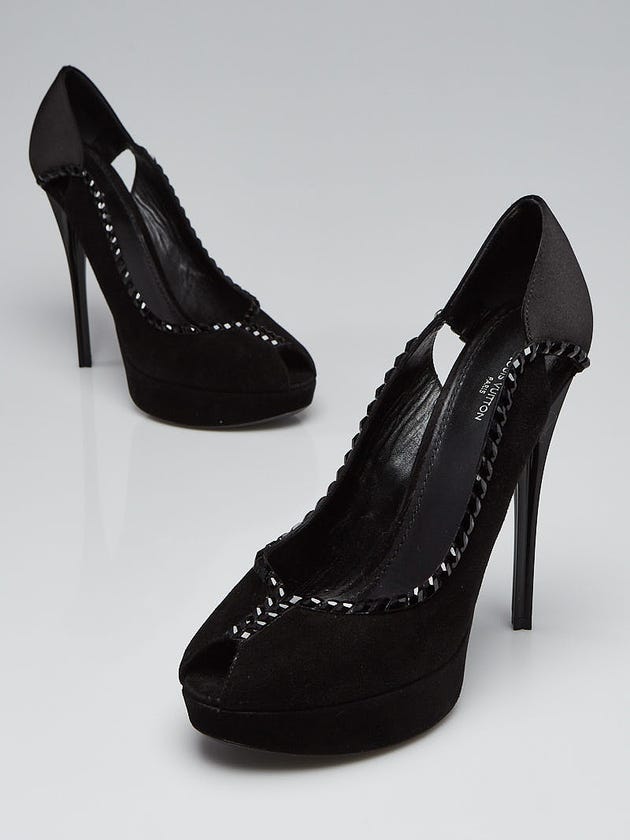 Louis Vuitton Black Suede/Satin Crystal Peep Toe Pumps Size 8.5/39