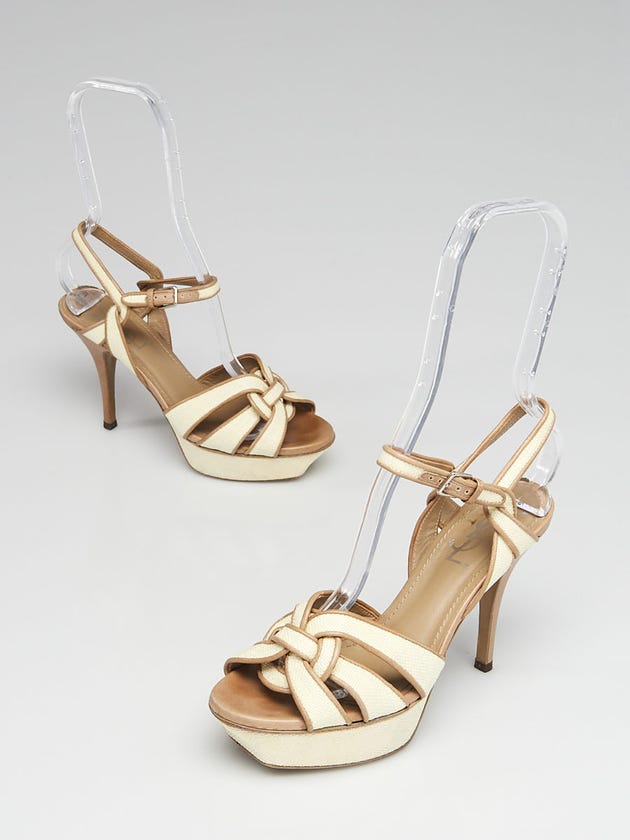 Yves Saint Laurent Beige Canvas and Leather Tribute 75 Sandals Size 5.5/36
