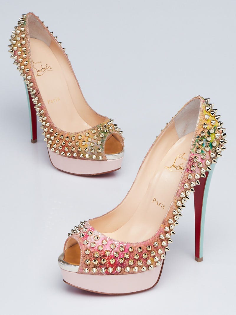 Christian Louboutin Multicolor Patent Leather and Cork Lady Peep Spikes 150  Platform Pumps Size 8/38.5 - Yoogi's Closet