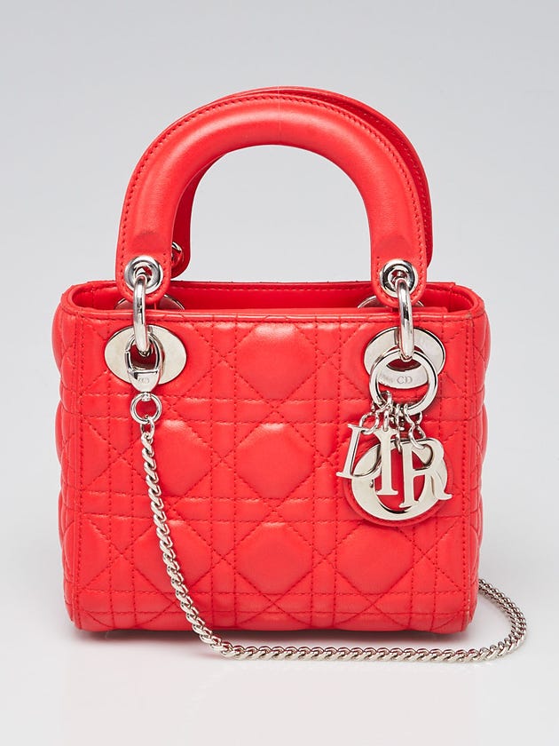 Christian Dior Red Cannage Quilted Lambskin Leather Mini Lady Dior w/Chain Strap