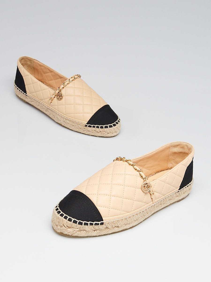 Chanel Beige/Black Quilted Leather Chain Espadrille Flats Size 7.5/38