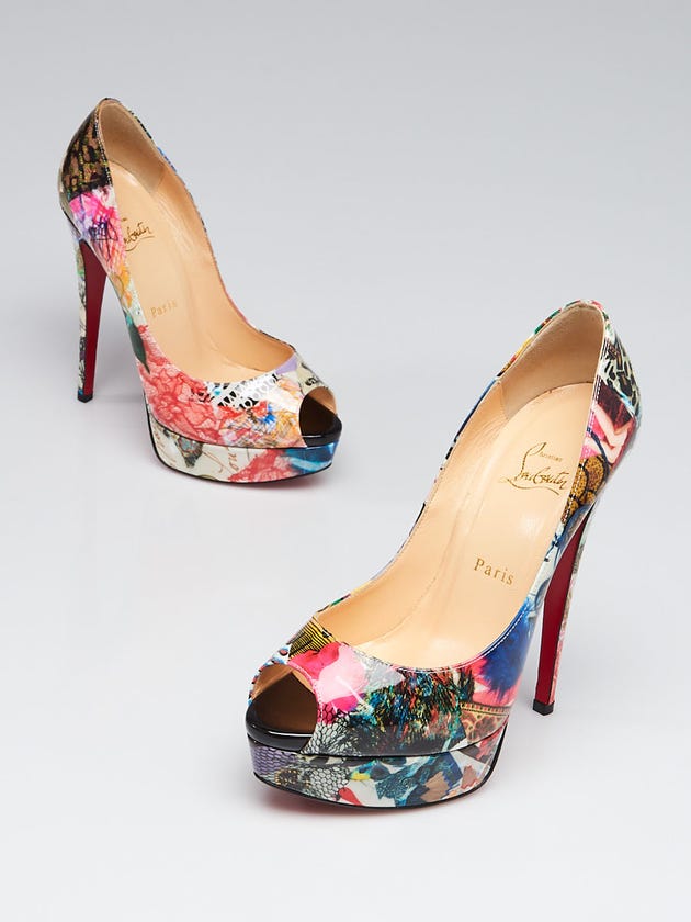 Christian Louboutin Multicolor Trash Print Patent Leather Lady Peep 150 Platform Pumps Size 8/38.5