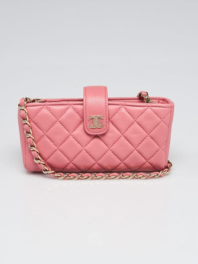 Chanel Pink Quilted Lambskin Leather CC O-Mini Mini Phone Holder Clutch Bag w/ Charms Strap