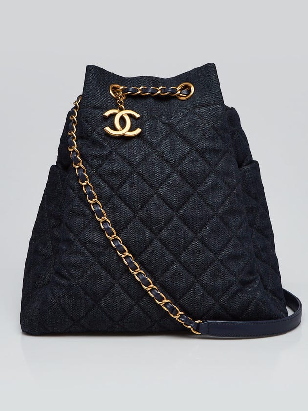 Chanel Dark Blue Quilted Denim Large Drawstring Shoulder Bag