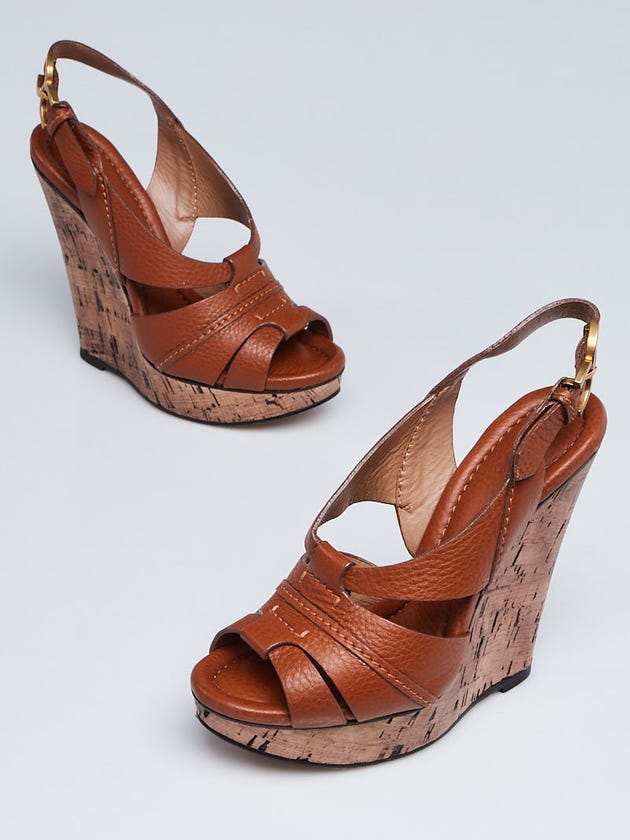 Chloe Brown Pebbled Leather Elah Platform Cork Wedges Size 5.5/36