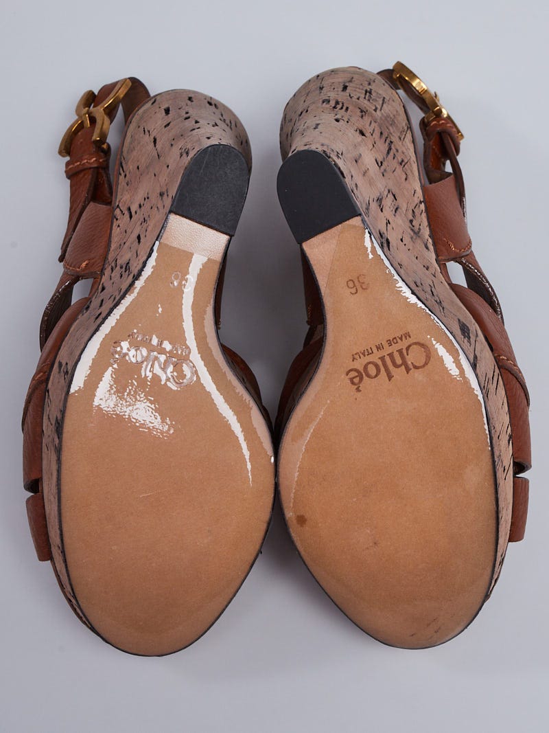 Chloe Brown Pebbled Leather Elah Platform Cork Wedges Size 5.5/36