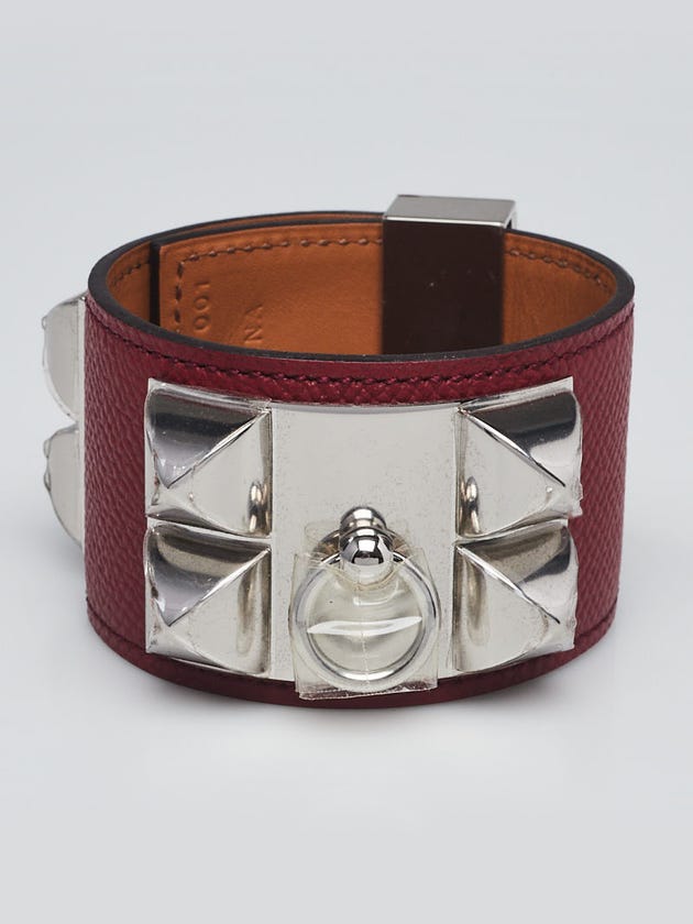 Hermes Rouge Garance Epsom Leather Palladium Plated Collier de Chien Bracelet Size S