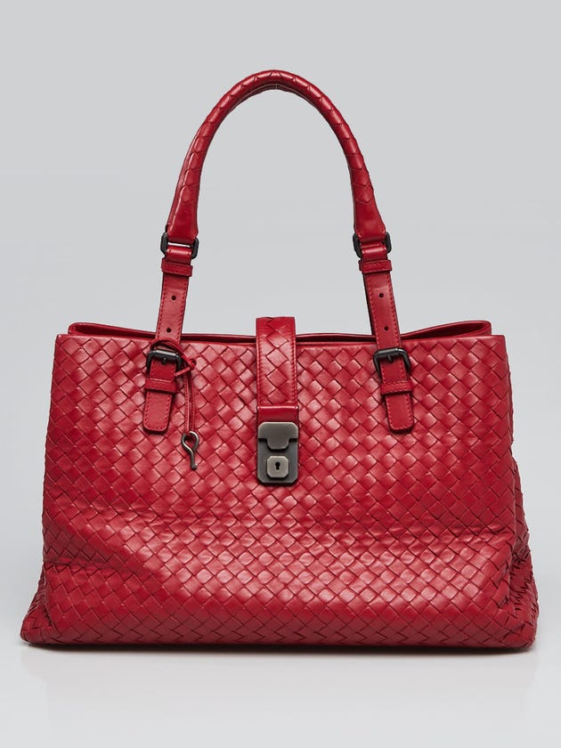 Bottega Veneta Red Intrecciato Woven Nappa Leather Roma Tote Bag