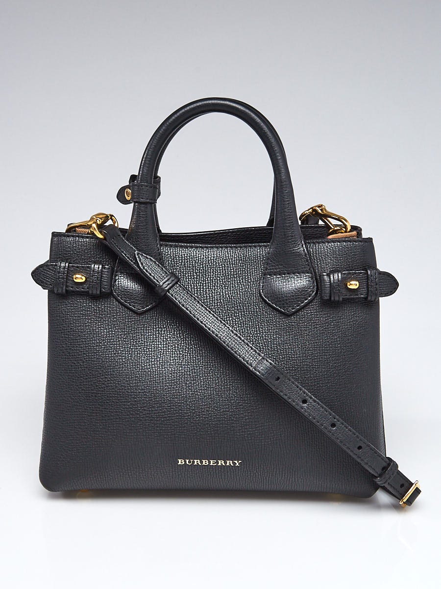 Burberry Black Derby Leather House Check Small Banner Tote Bag - Yoogi's  Closet