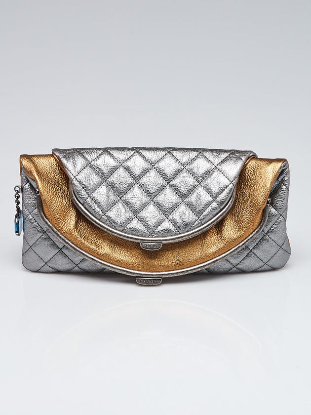 Chanel Silver/Gold Quilted Leather Tabatiere Double Kisslock Foldover Clutch Bag