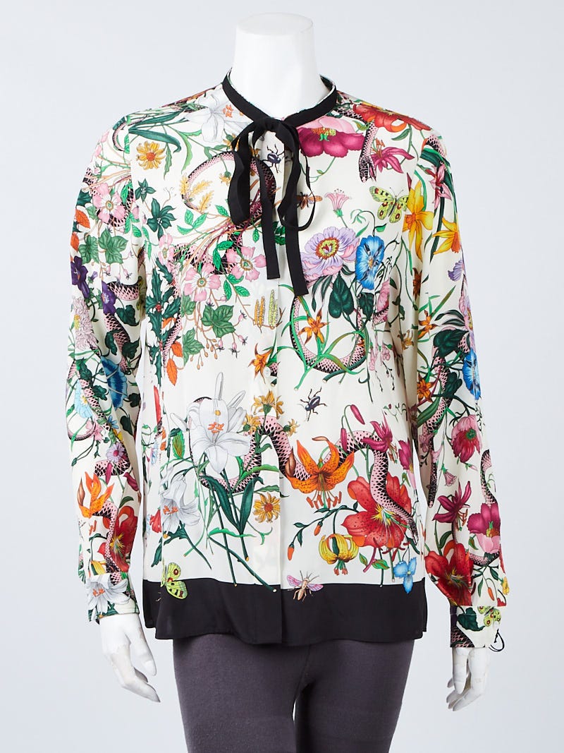 Gucci Multicolor Floral Pint Silk Tie Blouse Size 8/42
