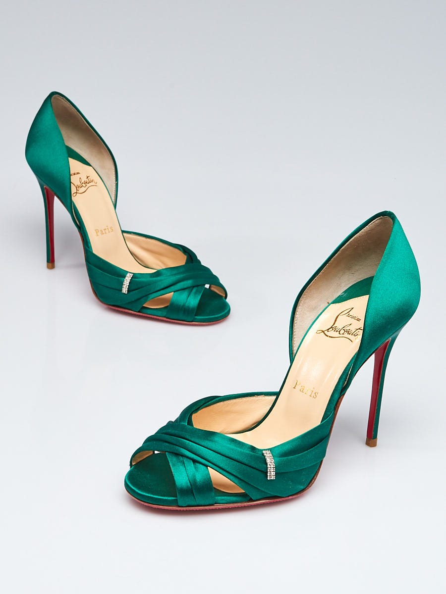 Christian Louboutin Emerald Satin Tres Ophrah 100 Peep Toe Pumps