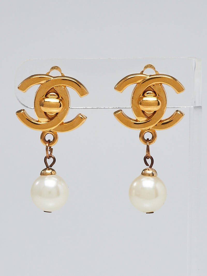 Chanel Goldtone Metal CC Turnlock Pearl Clip On Earrings - Yoogi's Closet