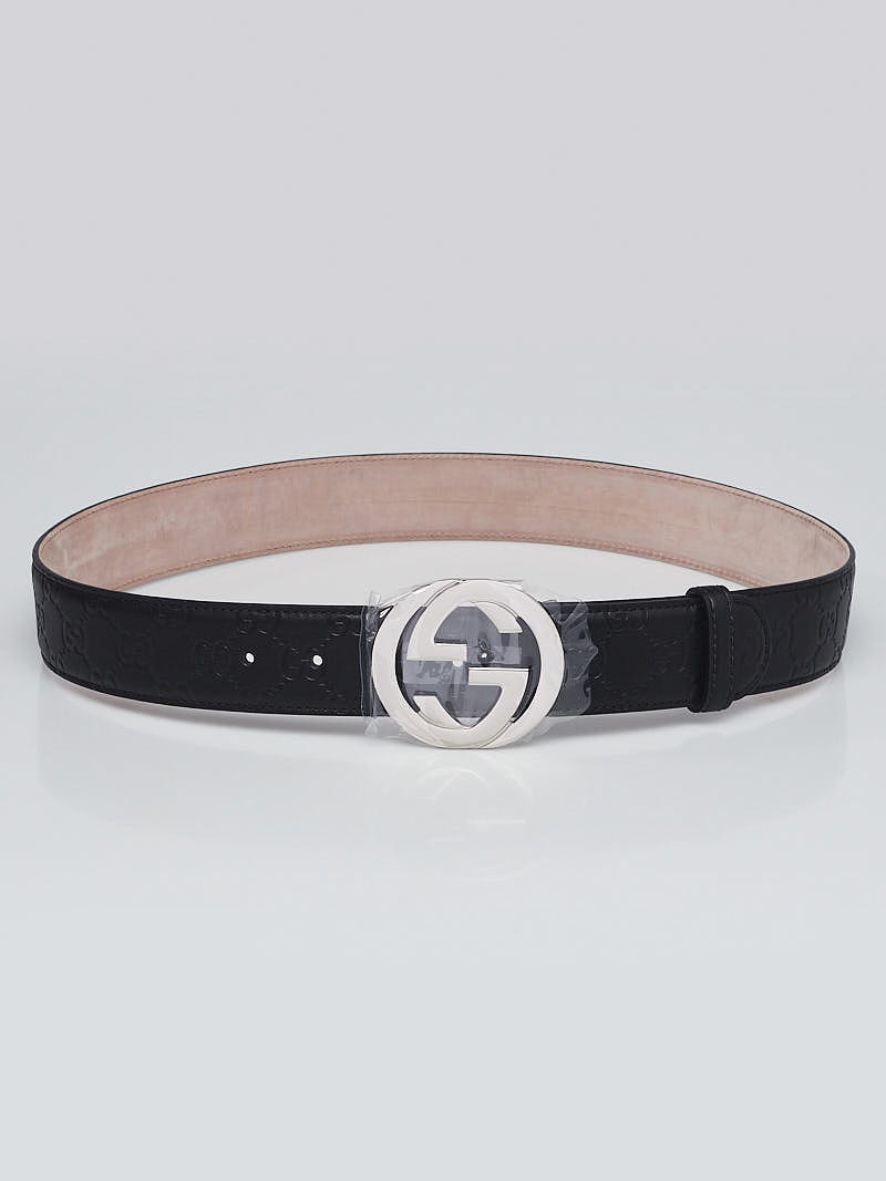 Gucci black embossed leather belt with silver monogram buckle, how