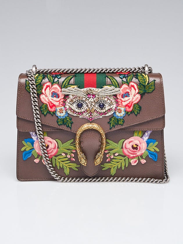 Gucci Brown Leather Floral Embroidered Medium Dionysus Shoulder Bag