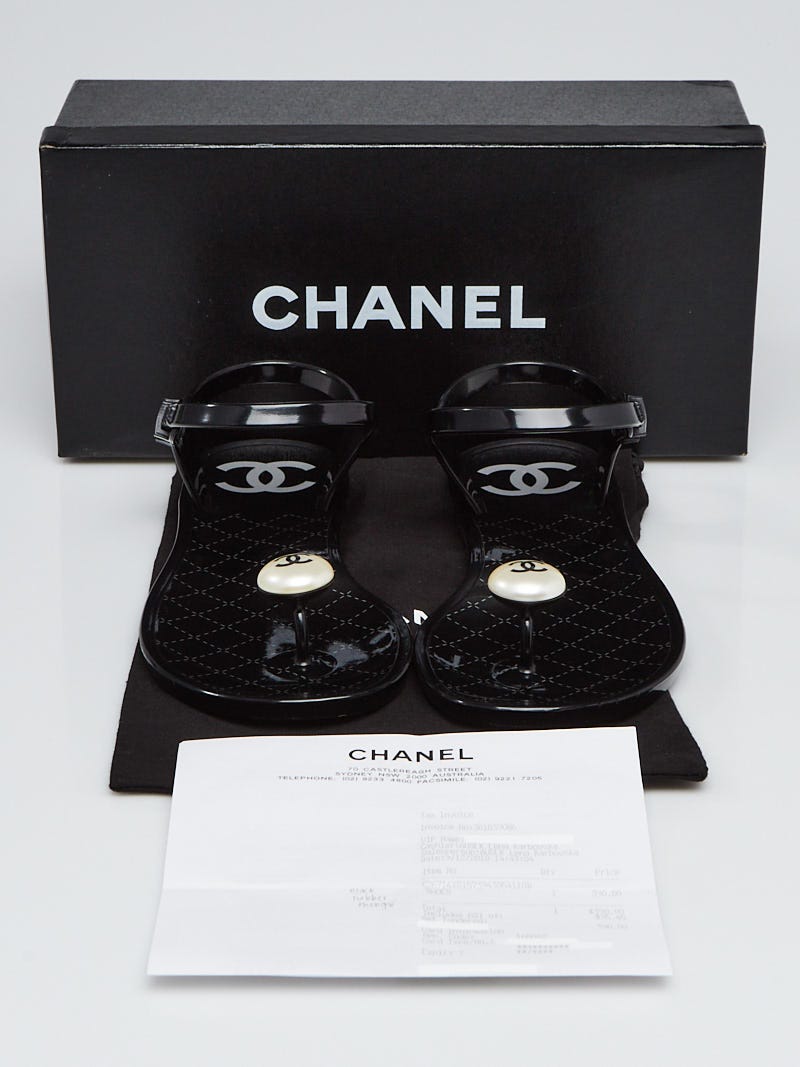 Chanel Black Rubber Jelly Pearl Ankle Strap Sandals Size 10.5/41