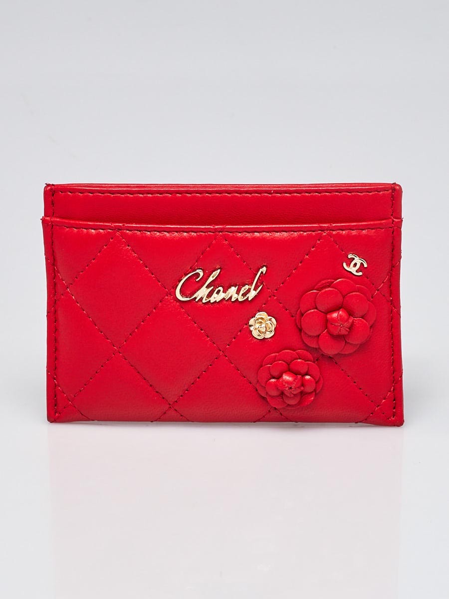 Chanel Red Quilted Lambskin Leather Charms Card Holder - Yoogi's Closet