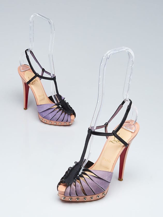 Christian Louboutin Purple Suede and Black Patent Leather Zigounette Spiked 140 Sandals Size 5.5/36