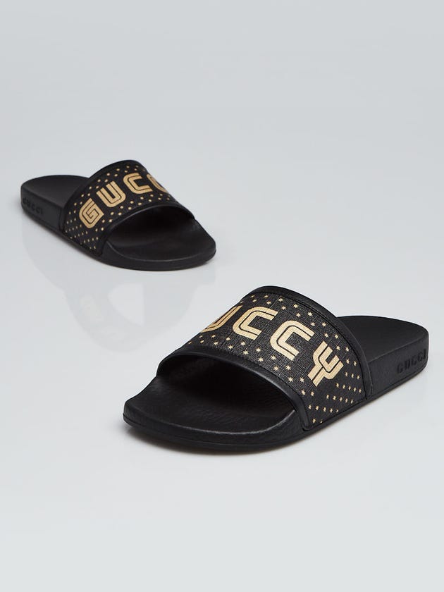 Gucci Black Coated Canvas and Rubber GUCCY Pool Slides Size 3.5/34 