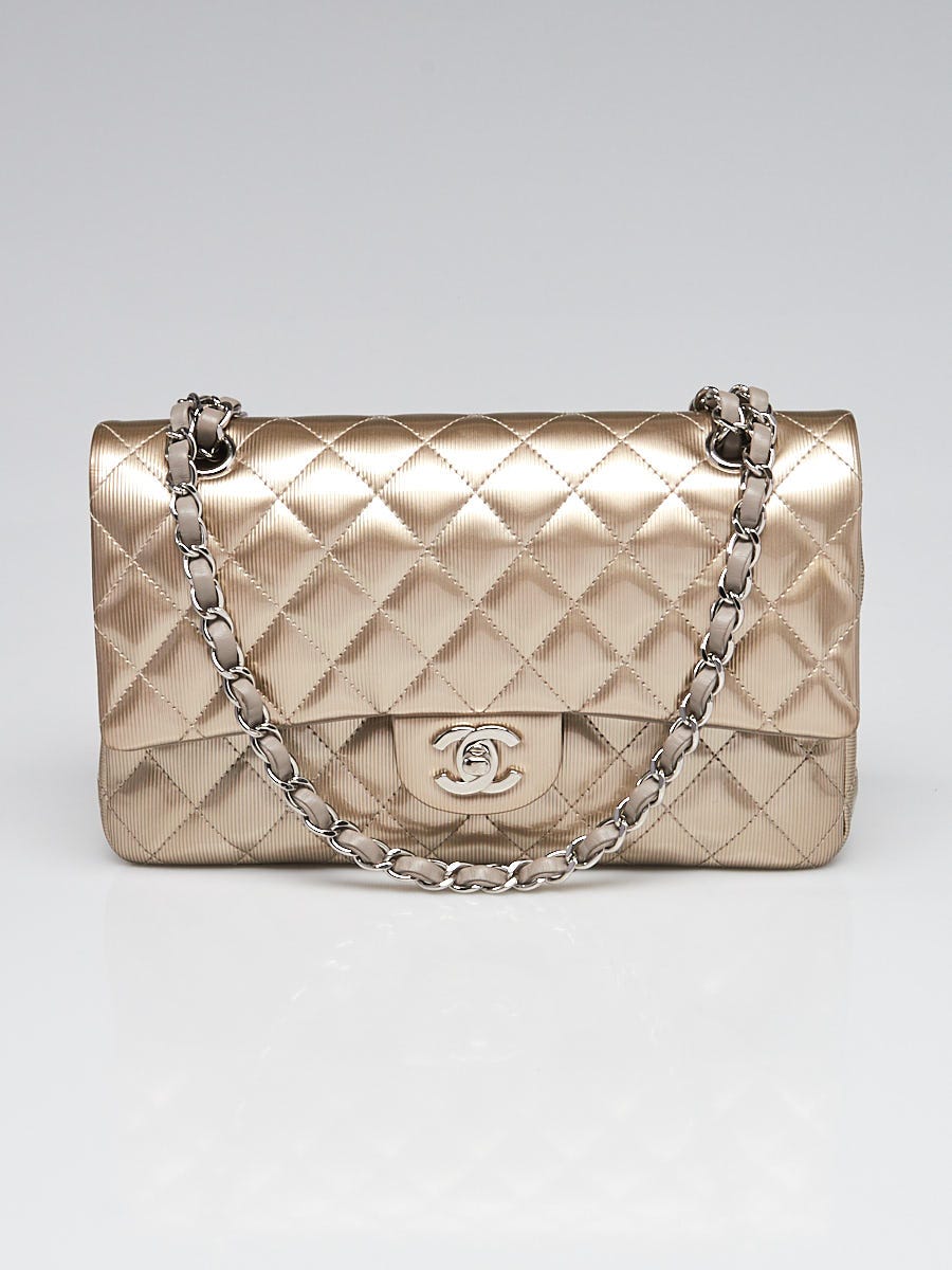 Chanel Gold Quilted Striated Patent Leather Classic Medium Double Flap Bag  - Yoogi's Closet