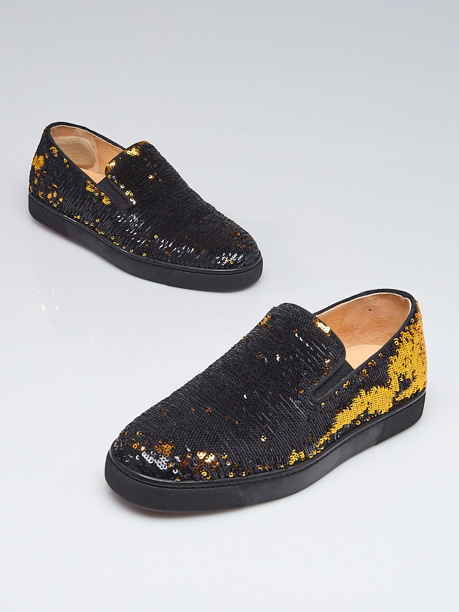 Christian Louboutin Black/Gold Sequin Boat Slip-On Sneakers Size - Yoogi's Closet