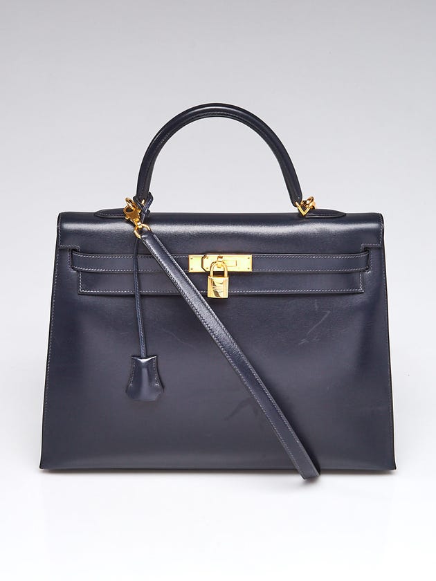 Hermes 35cm Blue Marine Box Leather Gold Plated Kelly Sellier Bag
