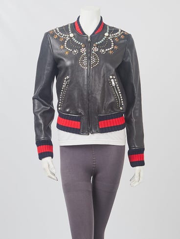 Gucci Black/Multicolor Leather and Crystal Studded Bomber Jacket Size 8/42