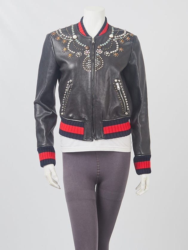 Gucci Black/Multicolor Leather and Crystal Studded Bomber Jacket Size 8/42