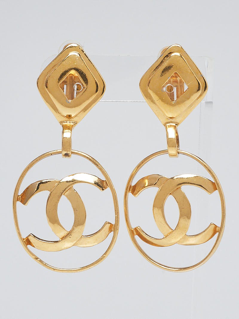 Chanel Goldtone CC Clip-On Drop Hoop Earrings - Yoogi's Closet