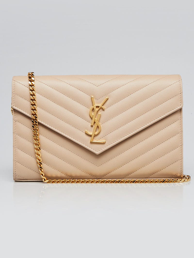 Yves Saint Laurent Beige Grained Leather Quilted Chevron Envelope Flap Bag  - Yoogi's Closet