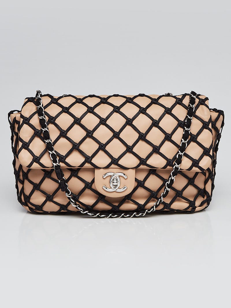 Chanel Beige/Black Lambskin Leather Canebiers Jumbo Flap Bag